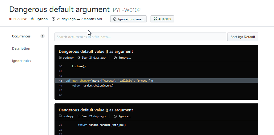 DeepSource issue interface