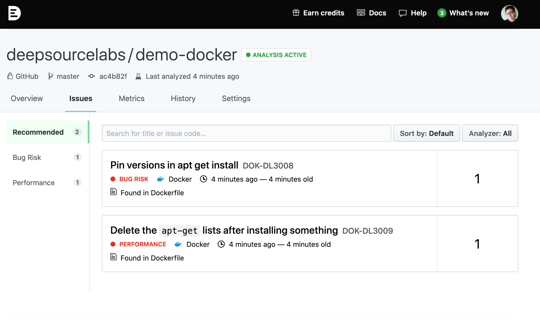 Docker demo repository analysis dashboard