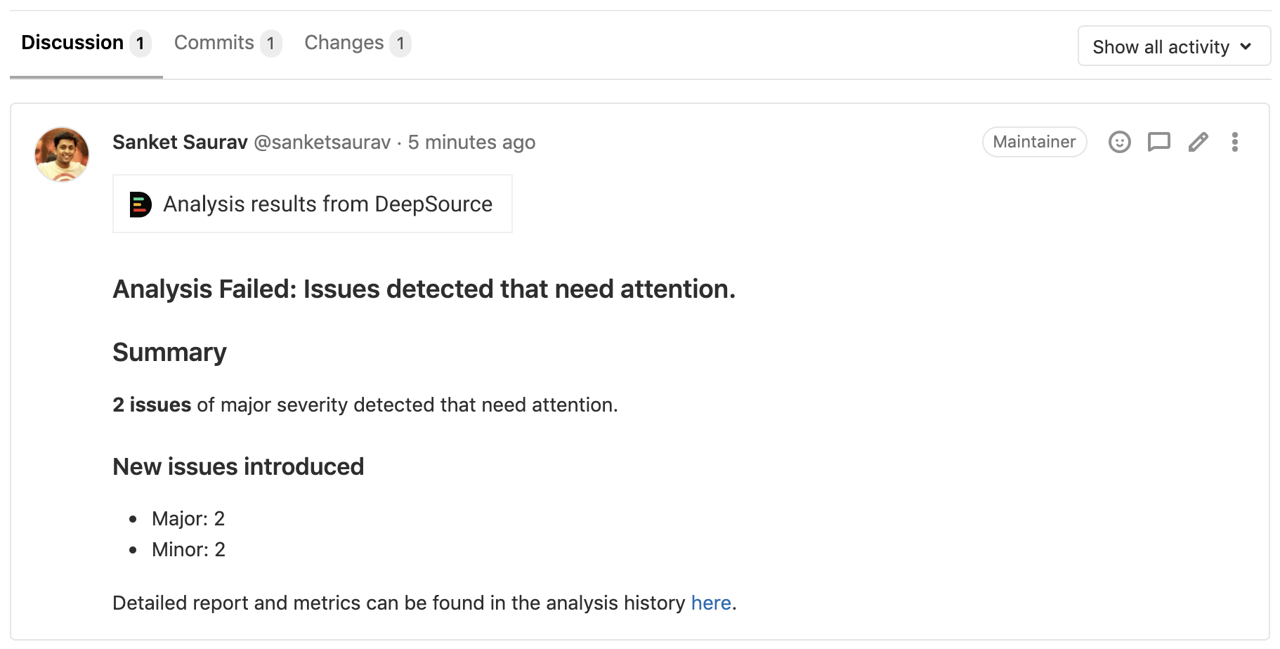 DeepSource comment on GitLab merge requests